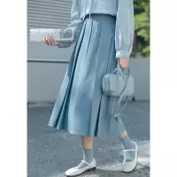 CACHE中长款蓝色百褶裙女2022年春季日系甜美气质简约学院风高腰