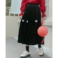 CACHE赫本风松紧腰黑色半身裙女2022年日系时尚复古立体绣花百搭