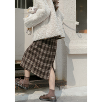 CACHE格纹毛呢开叉半身裙女2022春法式复古日系学院风甜美减龄高腰