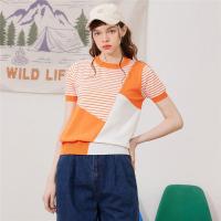 CACHE CACHE夏季新款时尚圆领撞色不规则条纹拼色短袖女式针织T恤