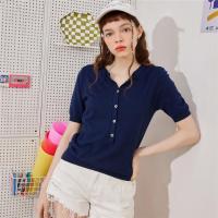 CACHE CACHE夏季纯色百搭慵懒风针织T恤纽扣装饰上衣女式针织短袖
