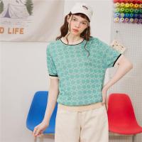 CACHE CACHE新款百搭减龄气质圆领格纹提花上衣女式针织短袖T恤