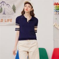 CACHE CACHE夏季新款时尚百搭Polo领休闲拼色针织短袖上衣女T恤