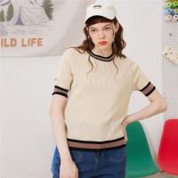 CACHE CACHE夏季新款时尚洋气条纹拼色亮丝圆领针织T恤女减龄短袖