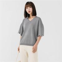CACHE CACHE针织T恤22年夏季新款花边袖百搭时尚V领上衣女短袖