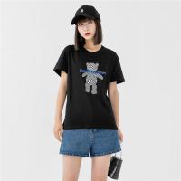 CACHE CACHE夏季新款韩系熊熊格纹宽松百搭T恤时尚短袖直筒上衣女