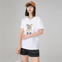 CACHE CACHE夏季新款韩系卡通熊热转印宽松T恤圆领时尚百搭上衣女