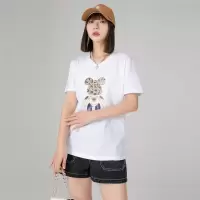 CACHE CACHE夏季新款韩系卡通熊热转印宽松T恤圆领时尚百搭上衣女