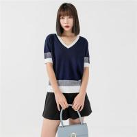 CACHE CACHE夏季新款韩系V领拼接针织衫百搭宽松针织T恤上衣女