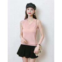 CACHE CACHE夏季新款韩版花边V领条纹背心时尚显瘦打底衫可外穿