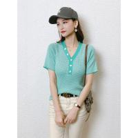CACHE CACHE夏季新款V领格纹纽扣针织短袖少女感显瘦T恤上衣