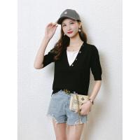 CACHE CACHE夏季新款韩系假两件纽扣装饰针织上衣短袖T恤女