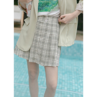 CACHE高腰格子短裙女2022小个性百搭日系学院风显瘦压褶A字半身裙