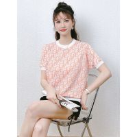 CACHE CACHE春夏新款爱心拼色冰丝短袖女针织上衣宽松显瘦T恤