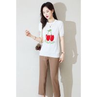 CACHE CACHE春夏新款樱桃圆领冰丝T恤针织衫薄款显瘦女士短袖