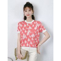 CACHE CACHE夏季圆领针织短袖爱心提花甜美减龄时尚百搭女士T恤