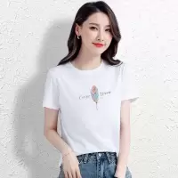 CACHE CACHE夏季新款纯棉白色短袖女彩色羽毛字母印花简约休闲T恤