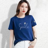 CACHE CACHE纯棉字母花朵刺绣印花T恤2022年新款藏青时尚通勤短袖