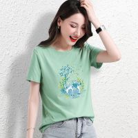 CACHE CACHE夏季新款纯棉薄荷绿T恤女森林小鹿印花小清新短袖上衣