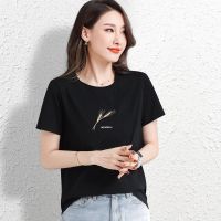 CACHE CACHE夏季纯棉金色麦穗刺绣黑色T恤女装简约百搭休闲短袖