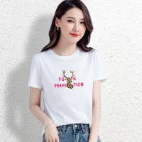 CACHE CACHE夏季纯棉白色短袖女字母豹纹鹿头印花时尚百搭T恤新款