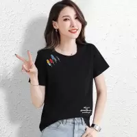 CACHE CACHE夏季新款纯棉T恤彩色羽毛刺绣时尚简约气质女装短袖