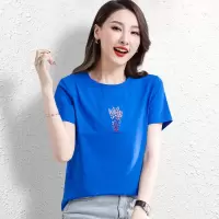 CACHE CACHE纯棉薰衣草刺绣T恤蓝色简约小清新短袖女修身显瘦上衣