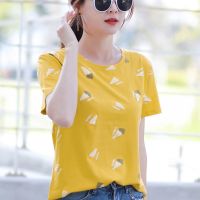 CACHE CACHE夏季新款康乃馨黄纯棉女士T恤冰淇淋印花可爱减龄短袖
