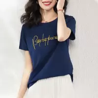 CACHE CACHE纯棉圆领藏青女士短袖夏季新款字母刺绣经典时尚T恤