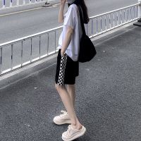 CACHE CACHE夏季新款棋盘格短裤松紧高腰休闲口袋百搭显瘦短裤