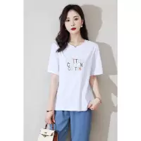 CACHE CACHE夏季新款彩色字母刺绣短袖女撞色圆领T恤简约时尚上衣