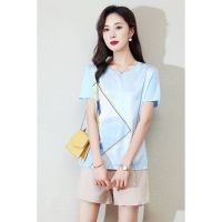 CACHE CACHE夏季新款缎面拼接印花T恤女洋气减龄设计感小众短袖