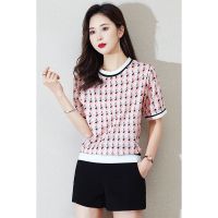 CACHE CACHE日系轻奢撞色圆领缎面T恤上衣女西装轻薄几何印花短袖