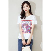 CACHE CACHE夏季新款复古印花T恤缎面圆领时尚宽松洋气短袖上衣