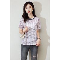 CACHE CACHE粉色格子圆领女士短袖几何图案夏季新款时尚百搭T恤