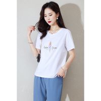 CACHE CACHE彩色羽毛字母印花T恤夏季圆领经典白色洋气时尚短袖