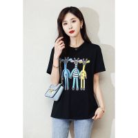 CACHE CACHE夏季重工烫钻黑色T恤女装上衣圆领时尚减龄洋气百搭