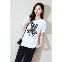 CACHE CACHE夏季白色圆领短袖小熊字母印花简约时尚通勤T恤女上衣