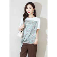 CACHE CACHE复古拼接系带趣味印花T恤女短袖2022年夏装别致短袖