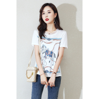 CACHE CACHE夏季新款丝巾印花短袖T恤女设计感小众宽松圆领上衣