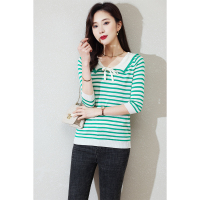 CACHE CACHE绿色条纹翻领抽绳设计短袖女夏季新款复古减龄