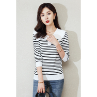 CACHE CACHE夏季冰丝条纹针织衫大翻领女士ins潮正肩小众中袖T恤