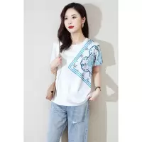 CACHE CACHE夏季新款圆领丝巾印花女士T恤时尚气质显瘦短袖