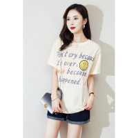 CACHE CACHE夏季新款笑脸字母印花短袖米黄色圆领清新减龄T恤