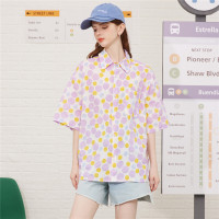 CACHE CACHE夏季新款不规则碎花衬衫薄宽松休闲短袖开衫设计感潮女式上衣