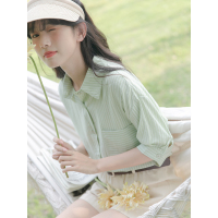 CACHE夏季五分袖条纹短袖衬衫女设计感小众衬衣2022日系复古小个