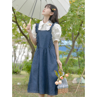CACHE春夏季2022牛仔背带裙女甜美小清新气质可爱拼接褶皱荷叶边