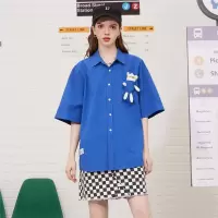 CACHE CACHE夏季新款休闲衬衣小熊玩偶装饰复古街头短袖女衬衫