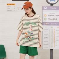 CACHE CACHE夏季新款潮流青春街头休闲百搭条纹印花上衣圆领T恤