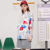 CACHE CACHE夏季新款潮流满印花复古短袖宽松休闲街头外套衬衫
